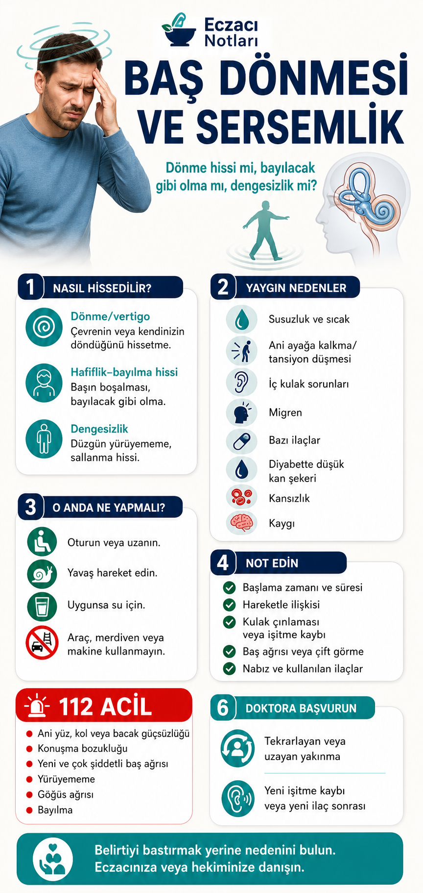 Baş dönmesi ve sersemlikte güvenli yaklaşımı anlatan Eczacı Notları infografiği