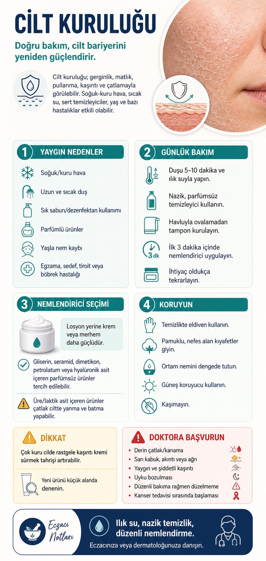 Cilt kuruluğunun nedenleri ve doğru bakımını anlatan Eczacı Notları infografiği