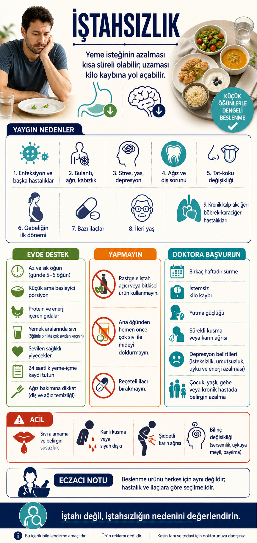 İştahsızlık için güvenli beslenme ve başvuru yaklaşımını anlatan Eczacı Notları infografiği